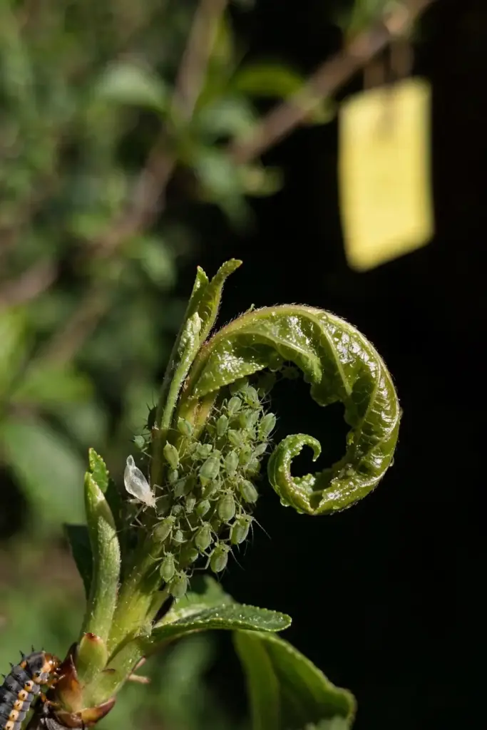 Aphids clustered on tender new plumcot shoot tips with curled leaves
