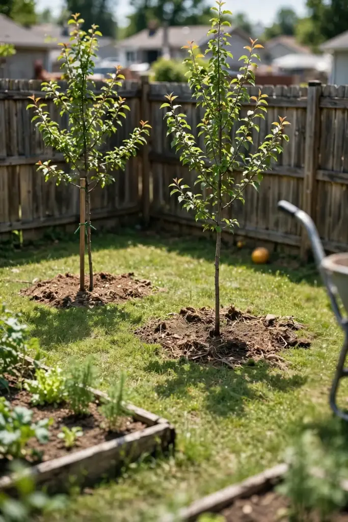 Two plumcot trees planted as a pair in a small suburban backyard