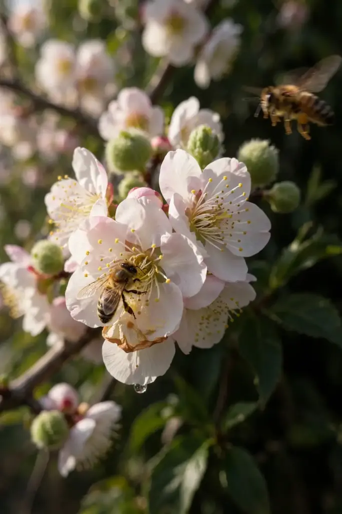 Plumcot blossoms in spring with a bee visiting the open flowers