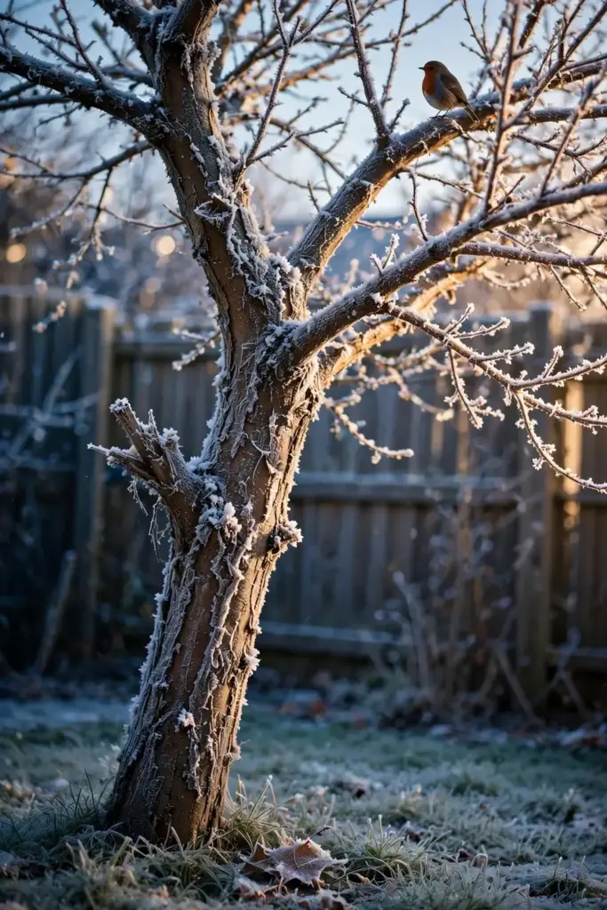 Dormant plumcot tree with frost on its branches on a cold winter morning