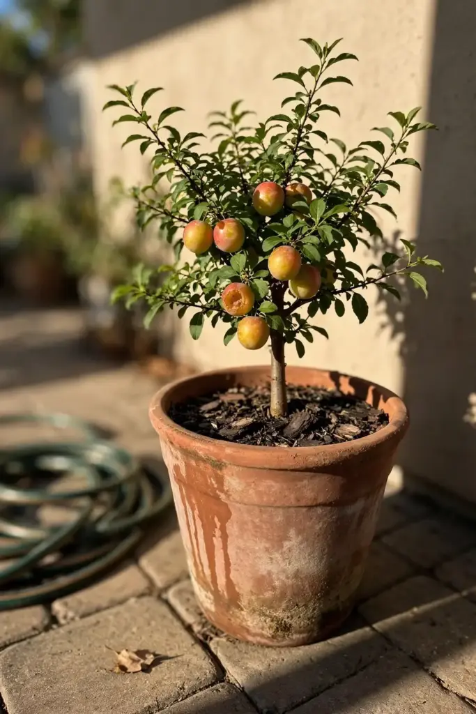 Dwarf plumcot tree fruiting in a large terracotta pot on a sunny patio