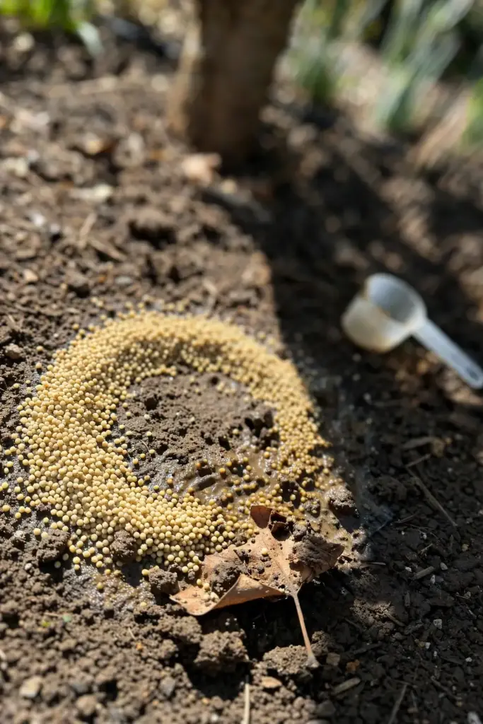 Granular fertilizer scattered in a ring at the drip line of a plumcot tree