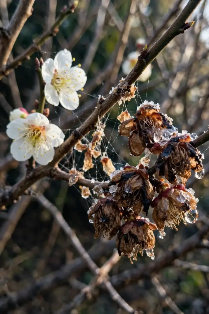Frost-browned plumcot blossoms after a late spring freeze