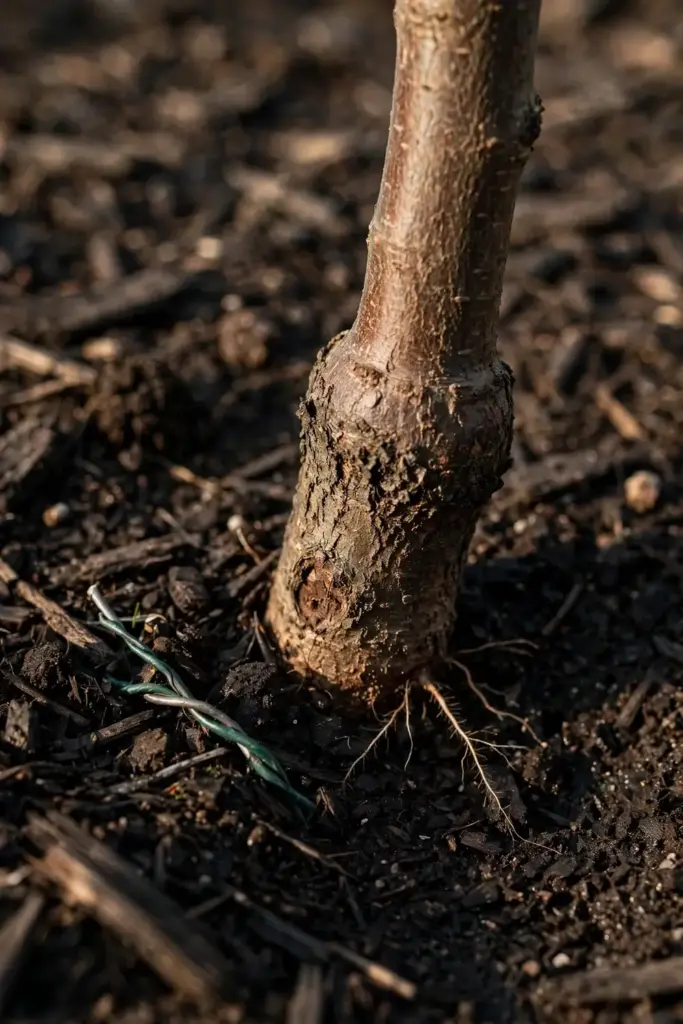 Close-up of a graft union bulge on a young plumcot trunk above soil