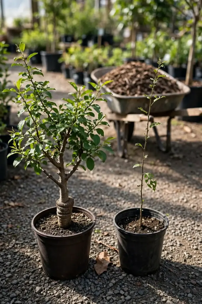 Grafted plumcot tree beside a smaller seedling in a nursery row