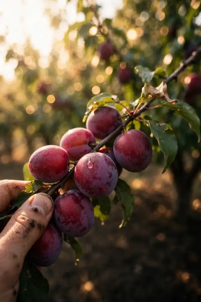 Hand cradling ripe plumcots on the branch at harvest time