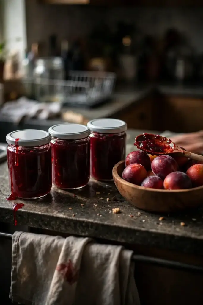 Glass jars of plumcot jam beside a bowl of fresh fruit on a kitchen counter
