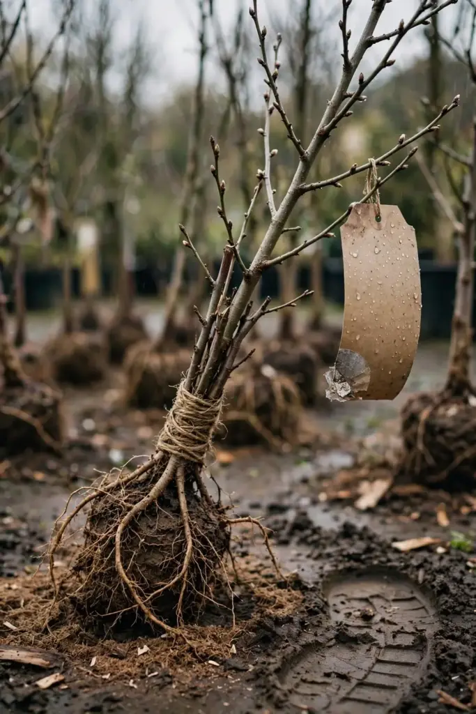 Bare-root plumcot tree with nursery tag in a row at a garden centre