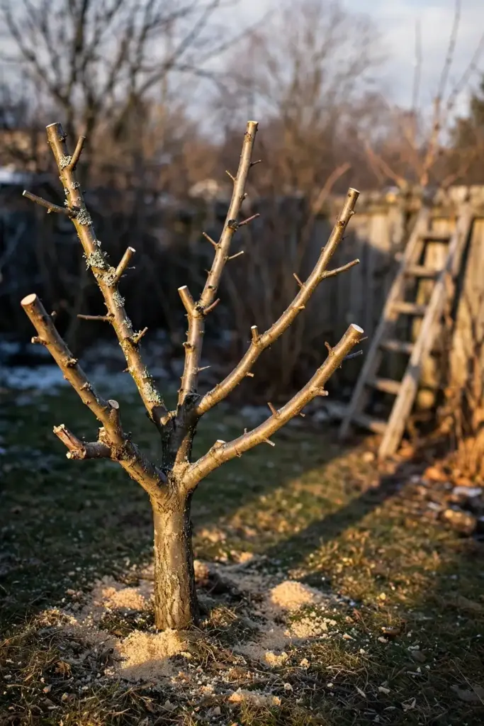 Dormant plumcot tree pruned to an open vase shape with clean cuts