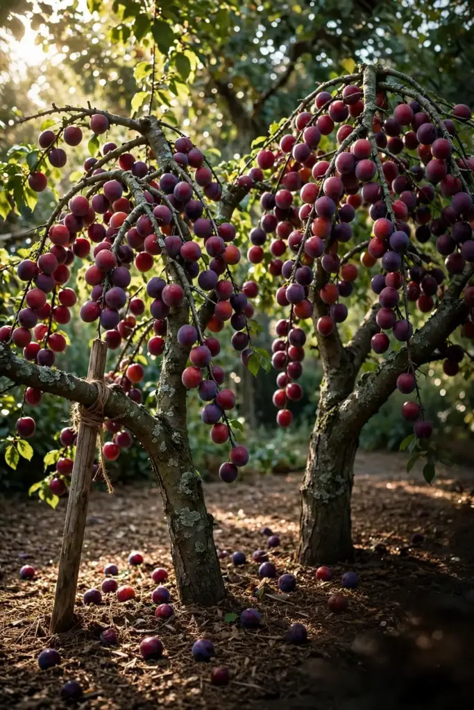 Two mature plumcot trees laden with ripe fruit side by side