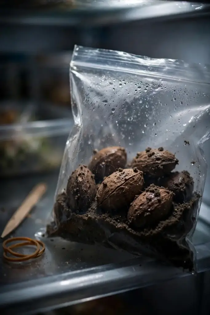 Plum pits in damp sand inside a sealed bag ready for the refrigerator