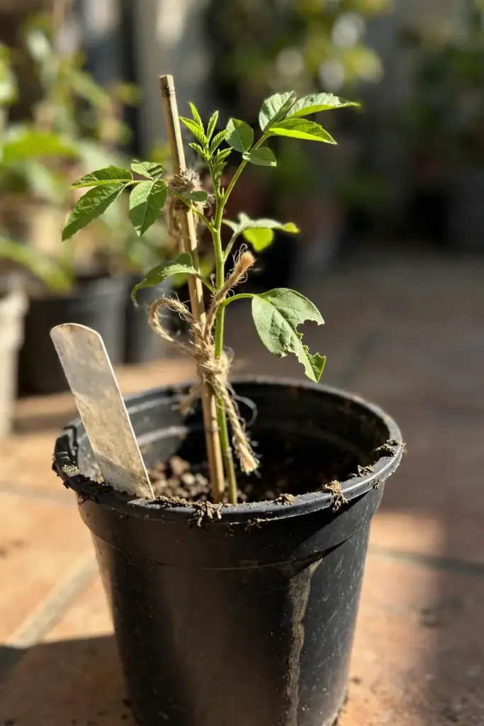 Young plumcot seedling whip with fresh green leaves in a nursery pot