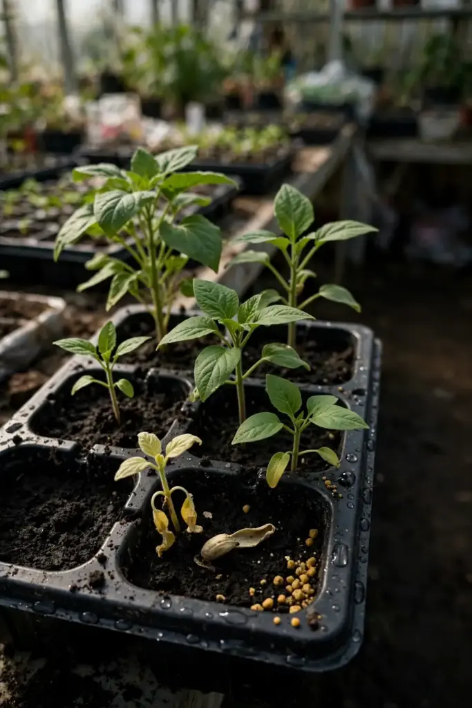 Row of plumcot seedlings showing different sizes and leaf shapes