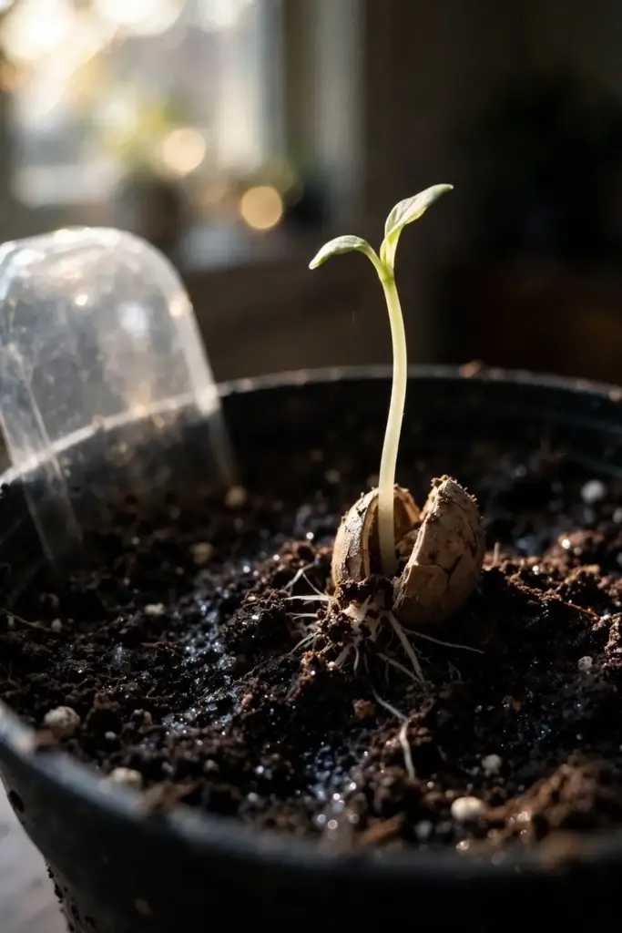 Plumcot seedling sprout pushing through dark potting soil in a deep pot