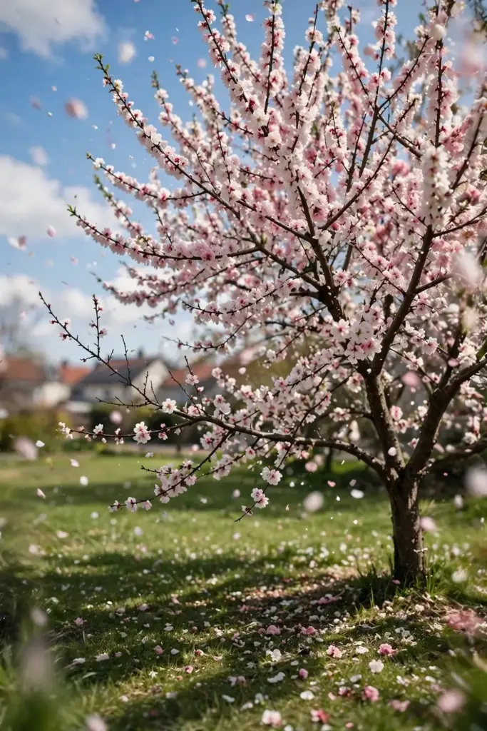 Plumcot tree in full spring bloom against a blue sky