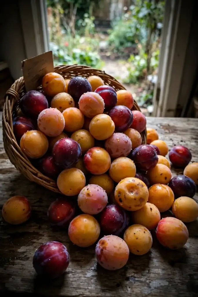 Woven basket of mixed plumcot and pluot varieties in red, purple, and gold