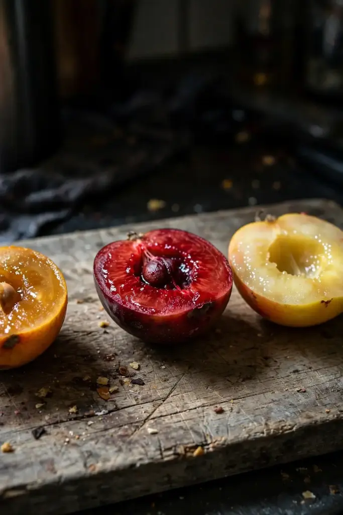 Halved plumcot, pluot, and aprium fruits side by side on a wooden board