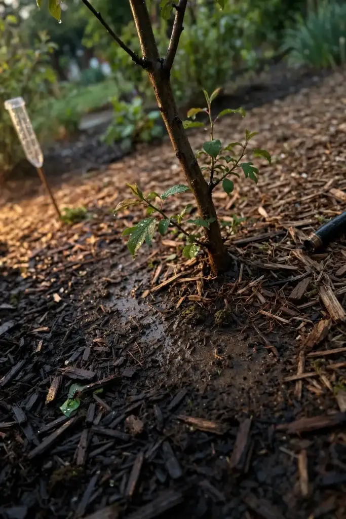 Water soaking into the mulched root zone around a young plumcot tree