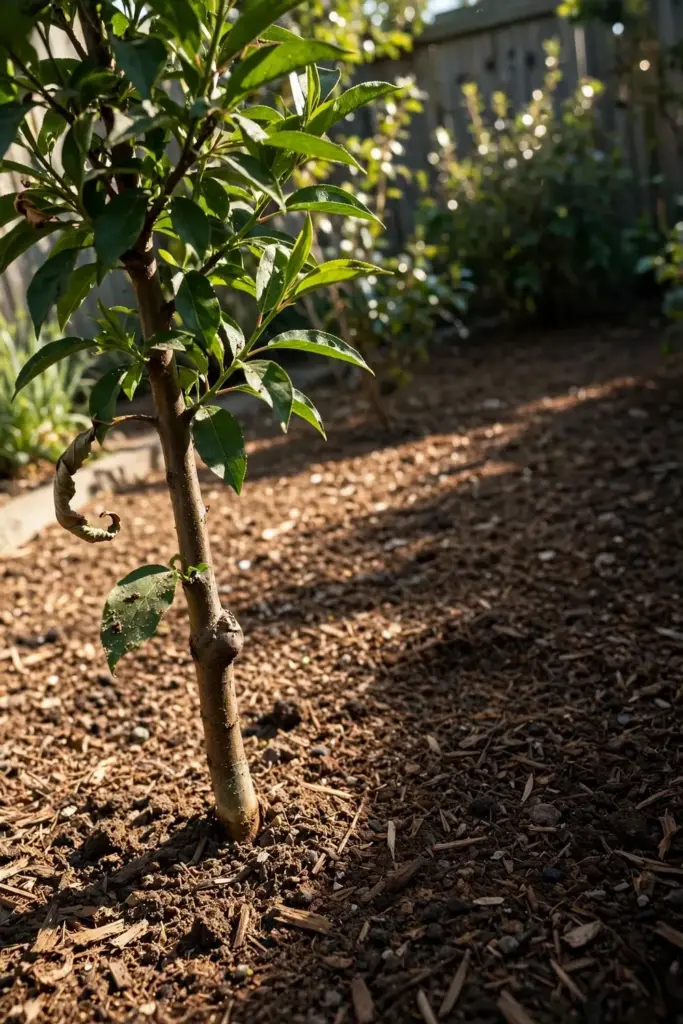 Young plumcot tree centred in a tidy mulched bed in a home garden