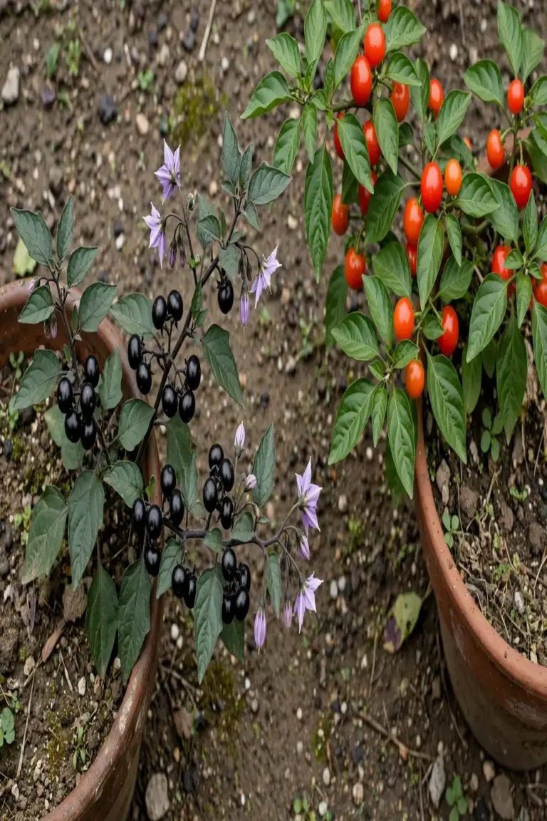 Deadly nightshade black berries beside Jerusalem cherry red-orange fruit