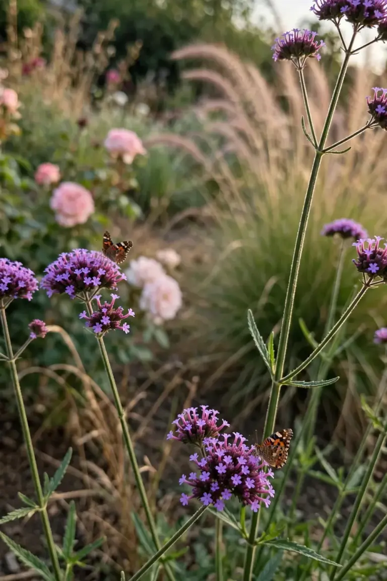 Tall verbena flowering among roses in a sunny pollinator border with butterflies