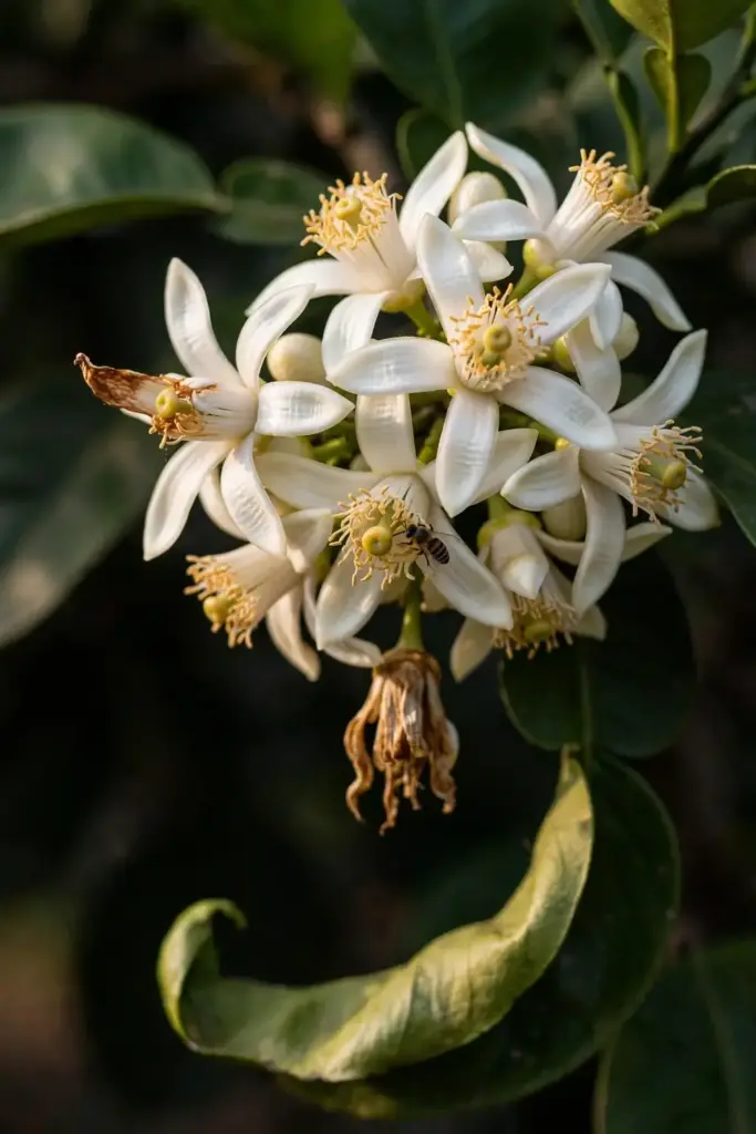 White pomelo blossoms with yellow stamens and a bee on one petal