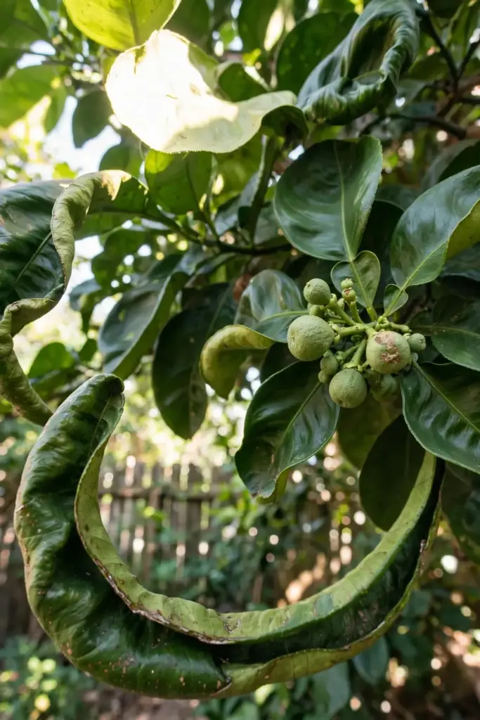 Pomelo foliage with small developing green fruitlets among the leaves
