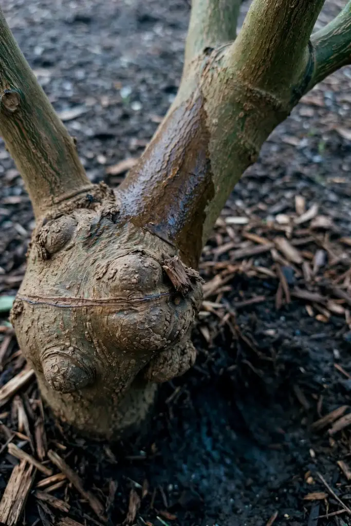 Close view of a pomelo graft union scar sitting above the soil line