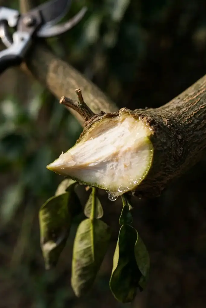 Clean angled pruning cut on a pomelo branch with shears at the frame edge