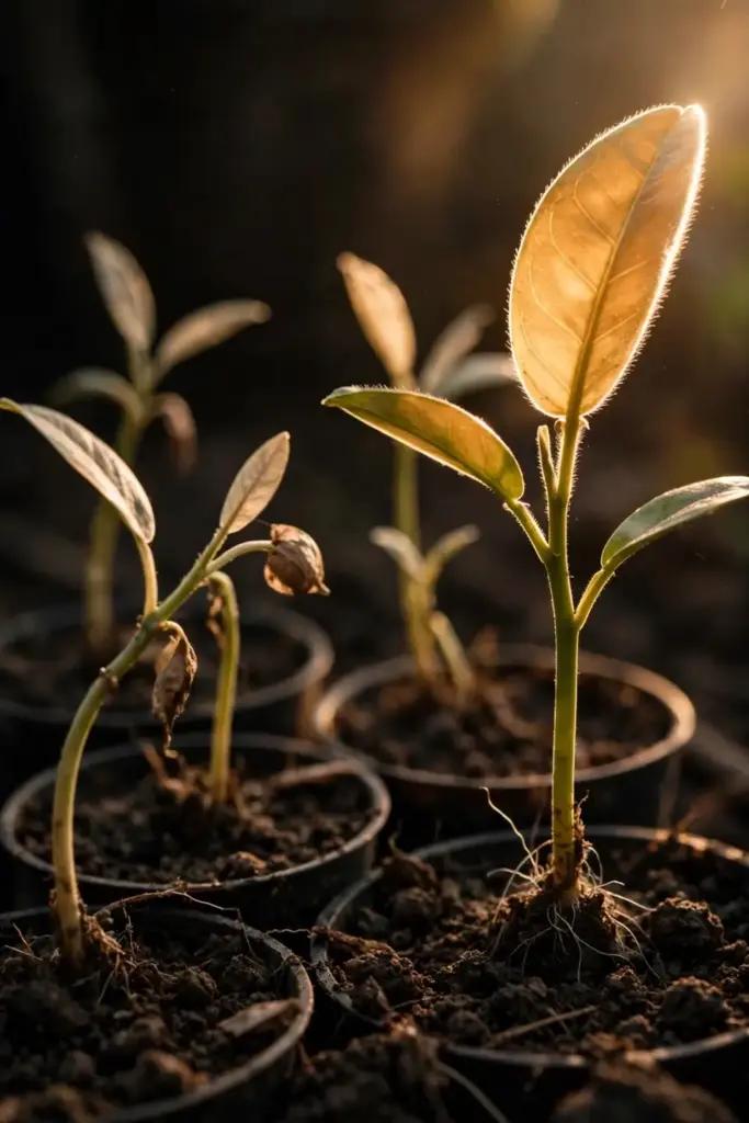 Pomelo seedlings at successive growth stages pushing through dark soil