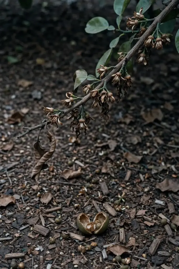 Pomelo branch with spent blossoms and dropped fruitlets on mulch