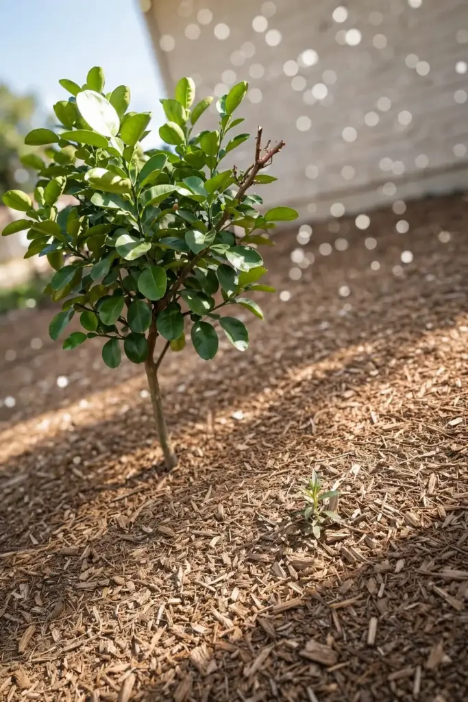 Young pomelo tree in a wide mulched bed with generous open space around it