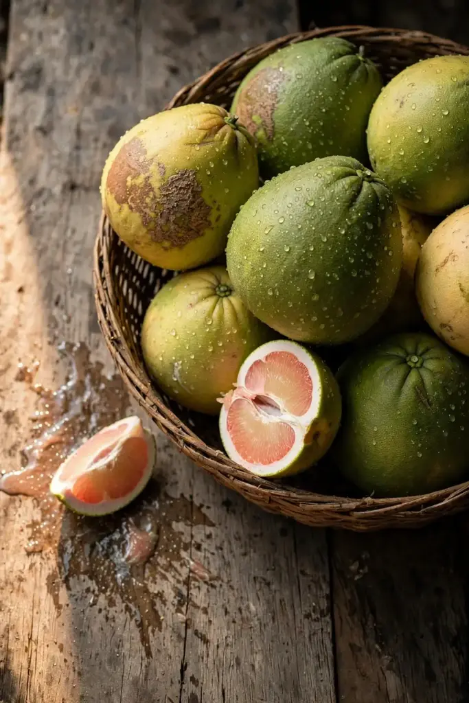 Woven basket of pomelos in varied skin tones, one cut open showing pink flesh