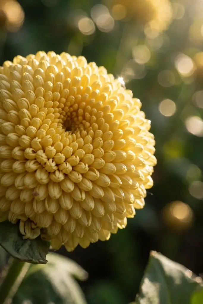 Small round pompon mum bloom in close-up