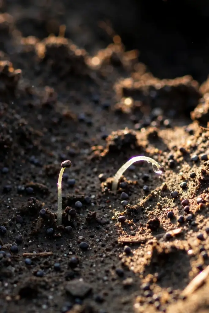 Dust-fine poppy seeds on the soil surface with hair-thin sprouts