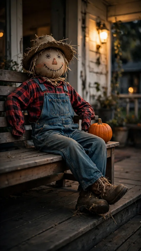 A life-size scarecrow sitter on a porch bench in plaid and denim with a straw hat