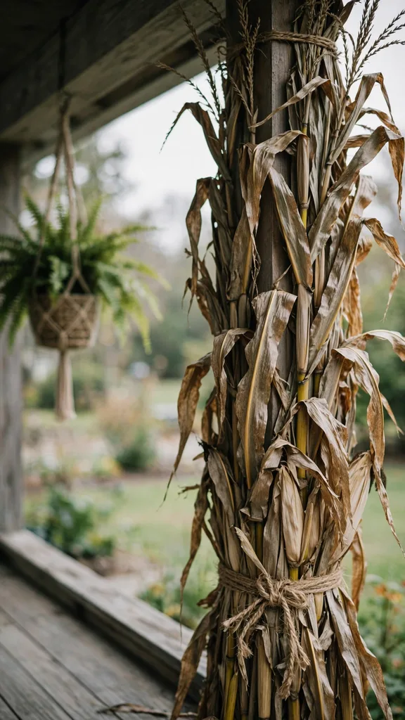 A porch column wrapped with corn stalks tied in place