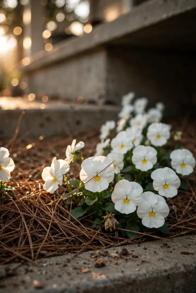 Pansy strip along a porch base with heavy pine straw mulch