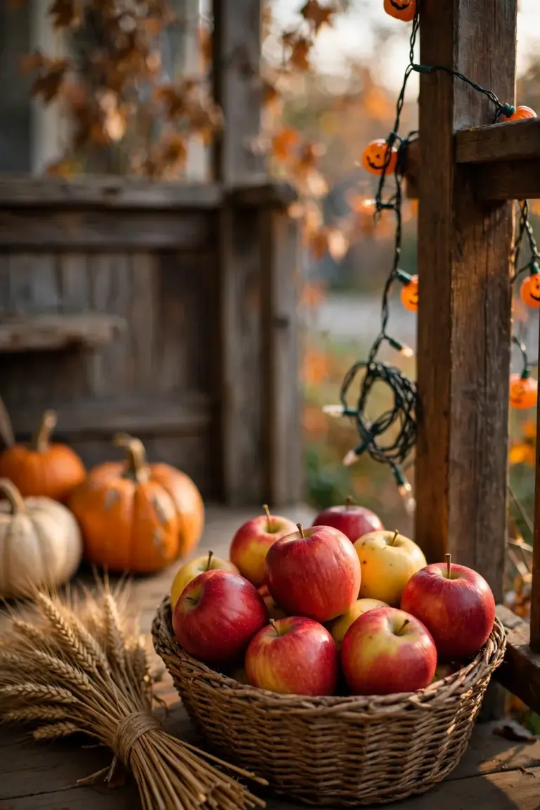Porch display shifting from spooky to harvest, carved pumpkins beside gourds, dried corn and mums
