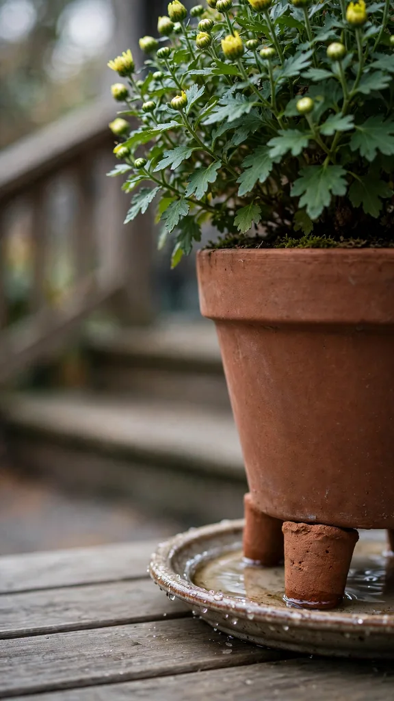 A mum pot raised on feet over a saucer on porch boards