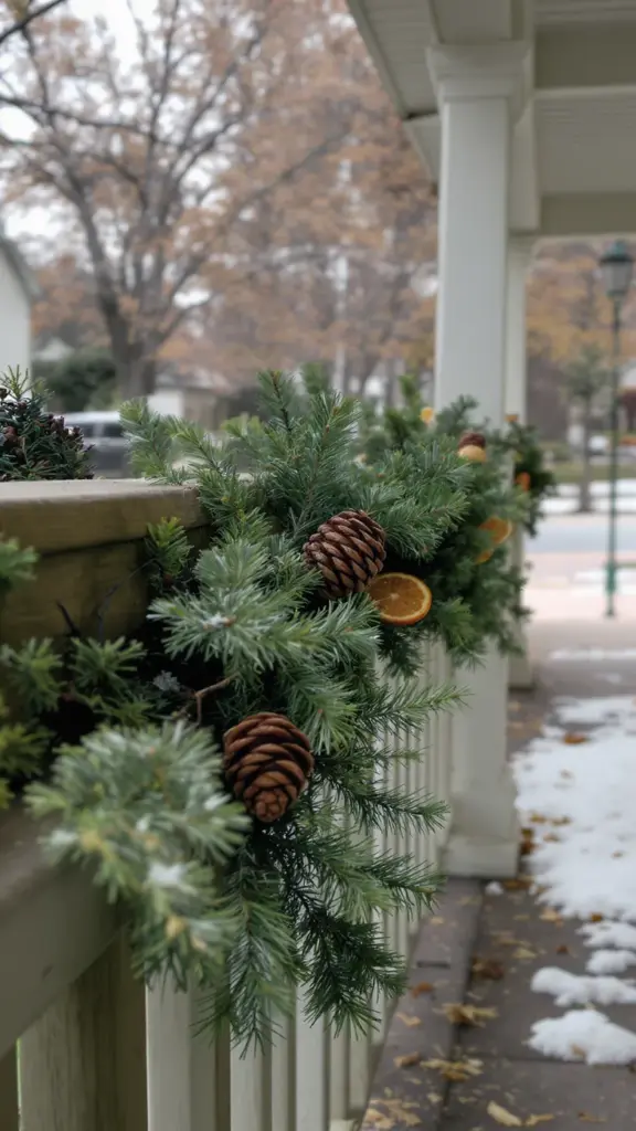 Evergreen garland wired along a porch rail with pinecones tucked in