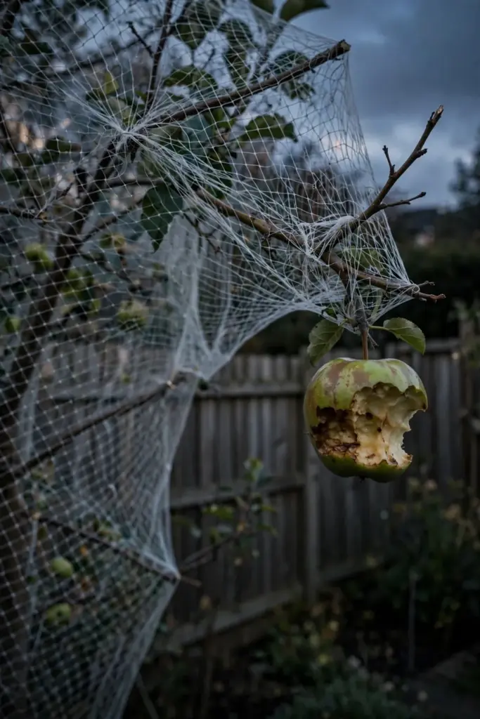 Possum-bitten fruit on a tree under wildlife-safe netting at dusk