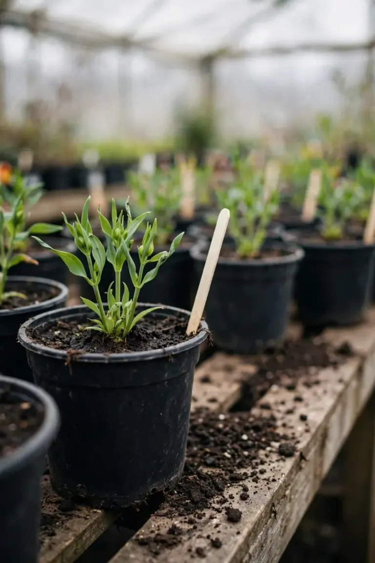 Young pot-grown alstroemeria with fresh green shoots on a nursery bench