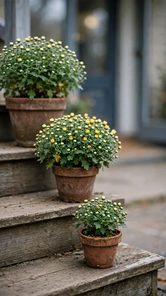 Mum pots in graduated sizes matched to porch step depths