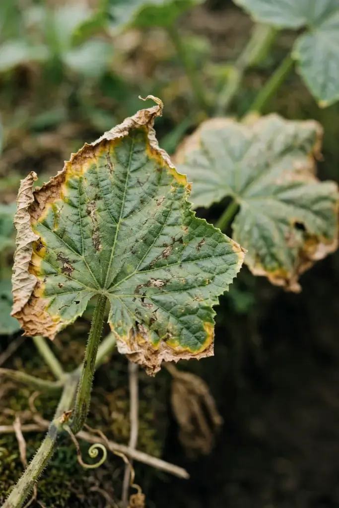Older cucumber leaf with scorched yellow margins from potassium shortage