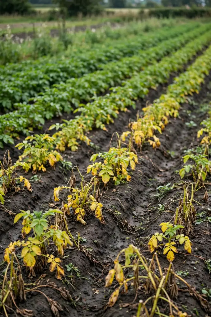 Uneven potato rows with short yellowed plants beside taller green plants.