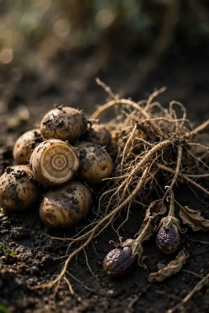 Potato tubers with tan rings near the stem end and washed roots from Verticillium wilt.