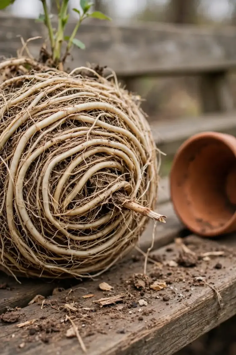 Dense mat of circling roots on a pot-bound root ball