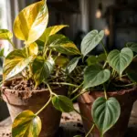 Golden pothos and heartleaf philodendron vines side by side in terracotta pots