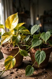 Golden pothos and heartleaf philodendron vines side by side in terracotta pots